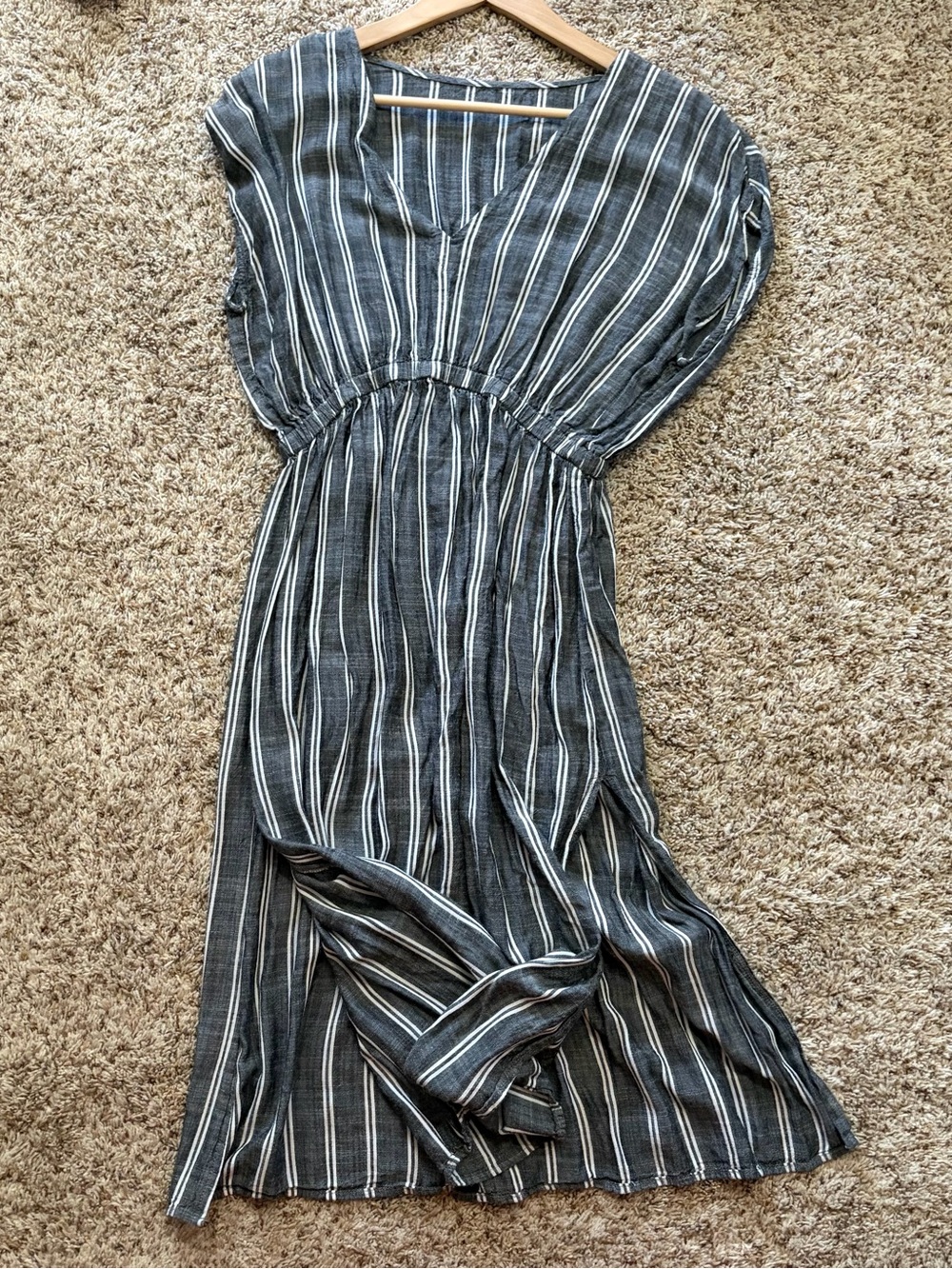 Cupshe Striped V-Neck Cinched Waist Maxi Dress - Gray - Picture 2 of 5